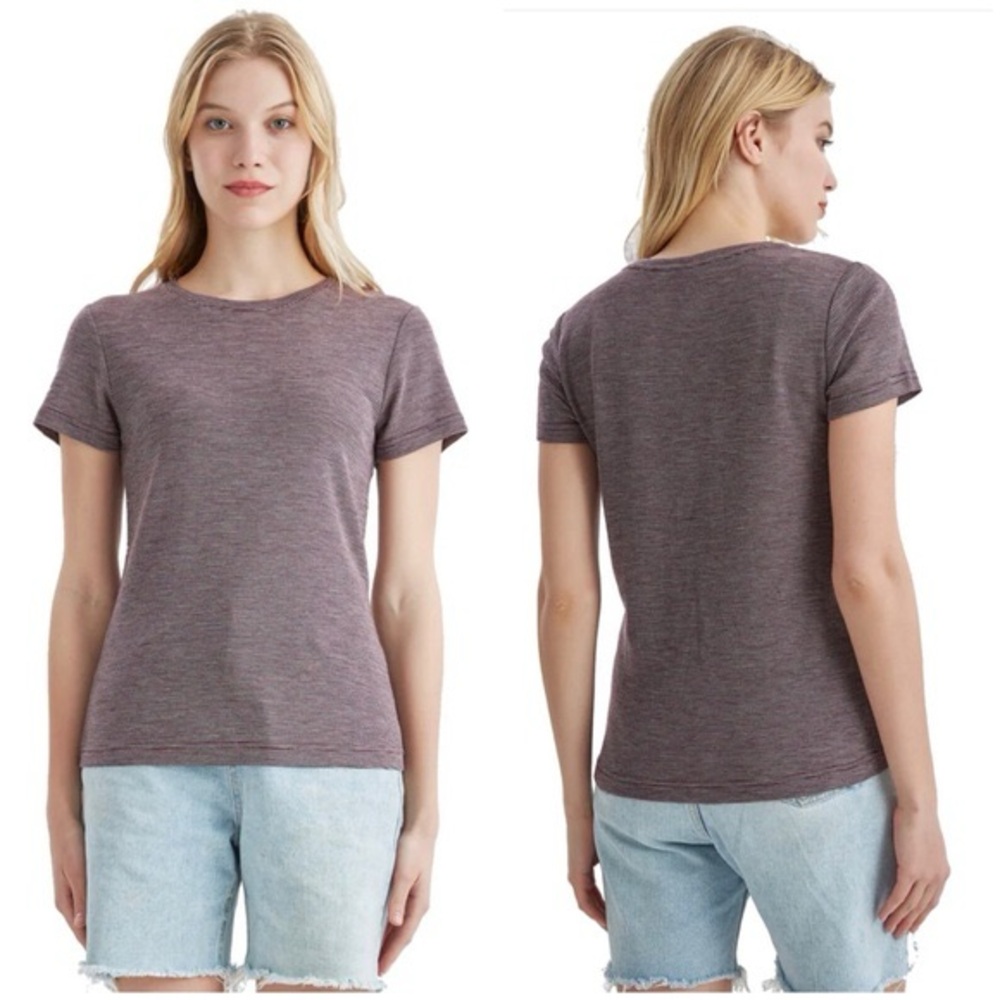 NWT 100% Merino Wool Base Layer T Shirt Purple White Stripe L